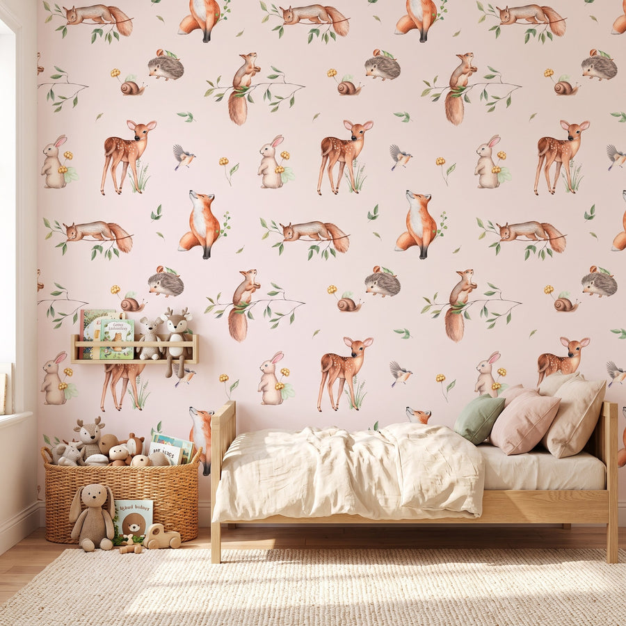 Animaux de la forêt, fond rose