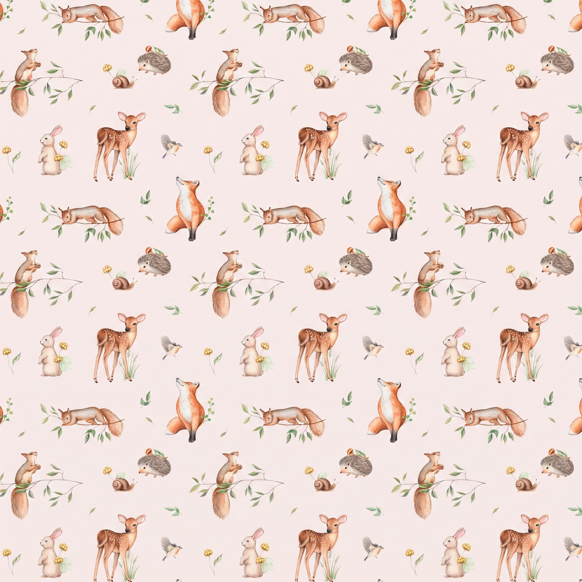 Animaux de la forêt, fond rose – motif à plat