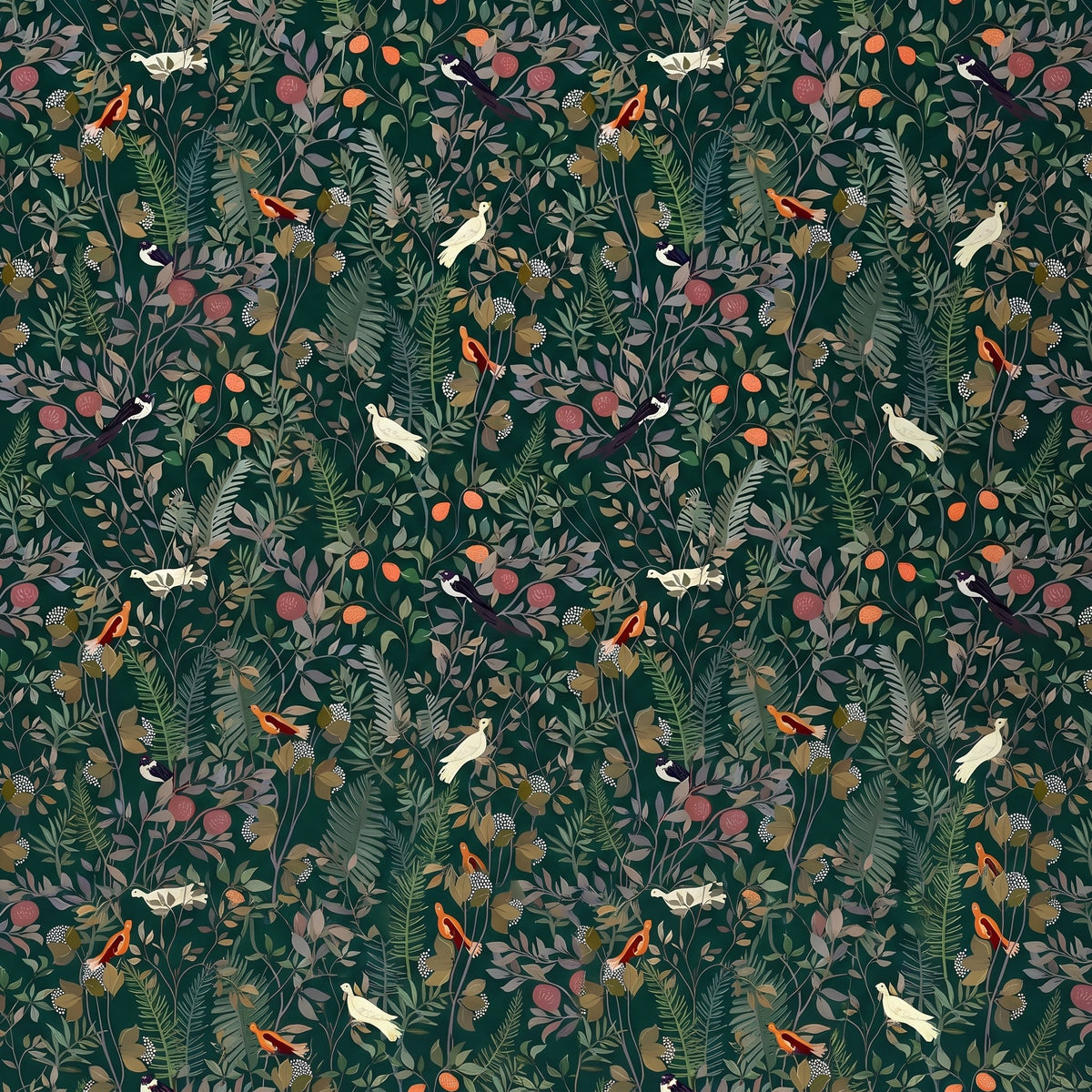 Botanique sombre avec oiseaux – motif à plat