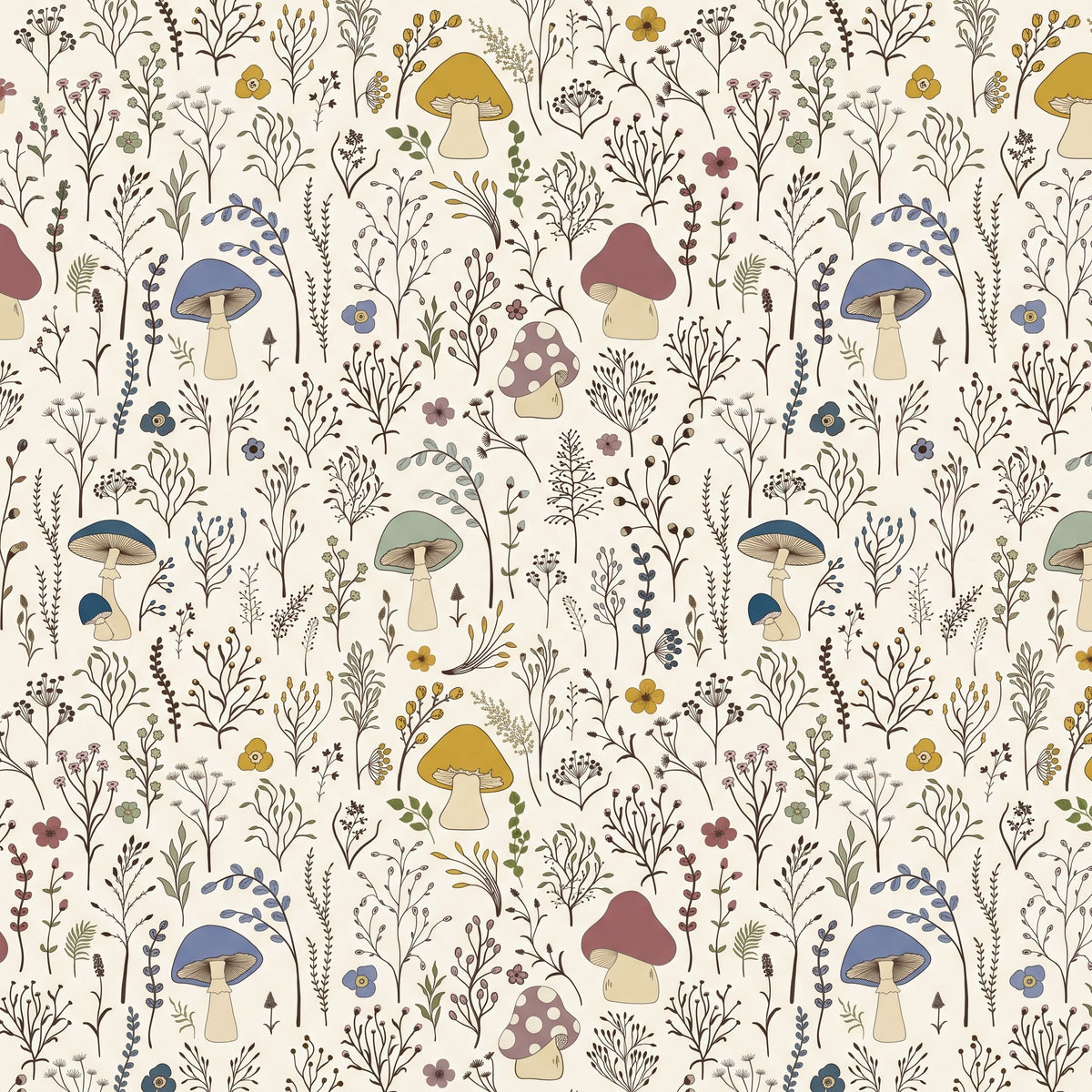 Champignons et fleurs délicates – motif à plat