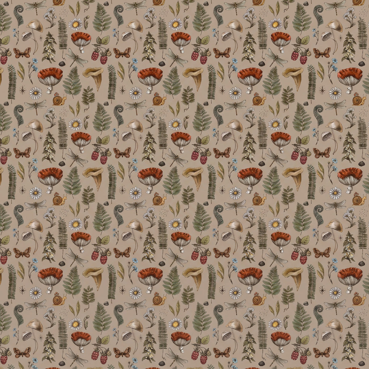 Champignons et sous-bois vintage – motif à plat