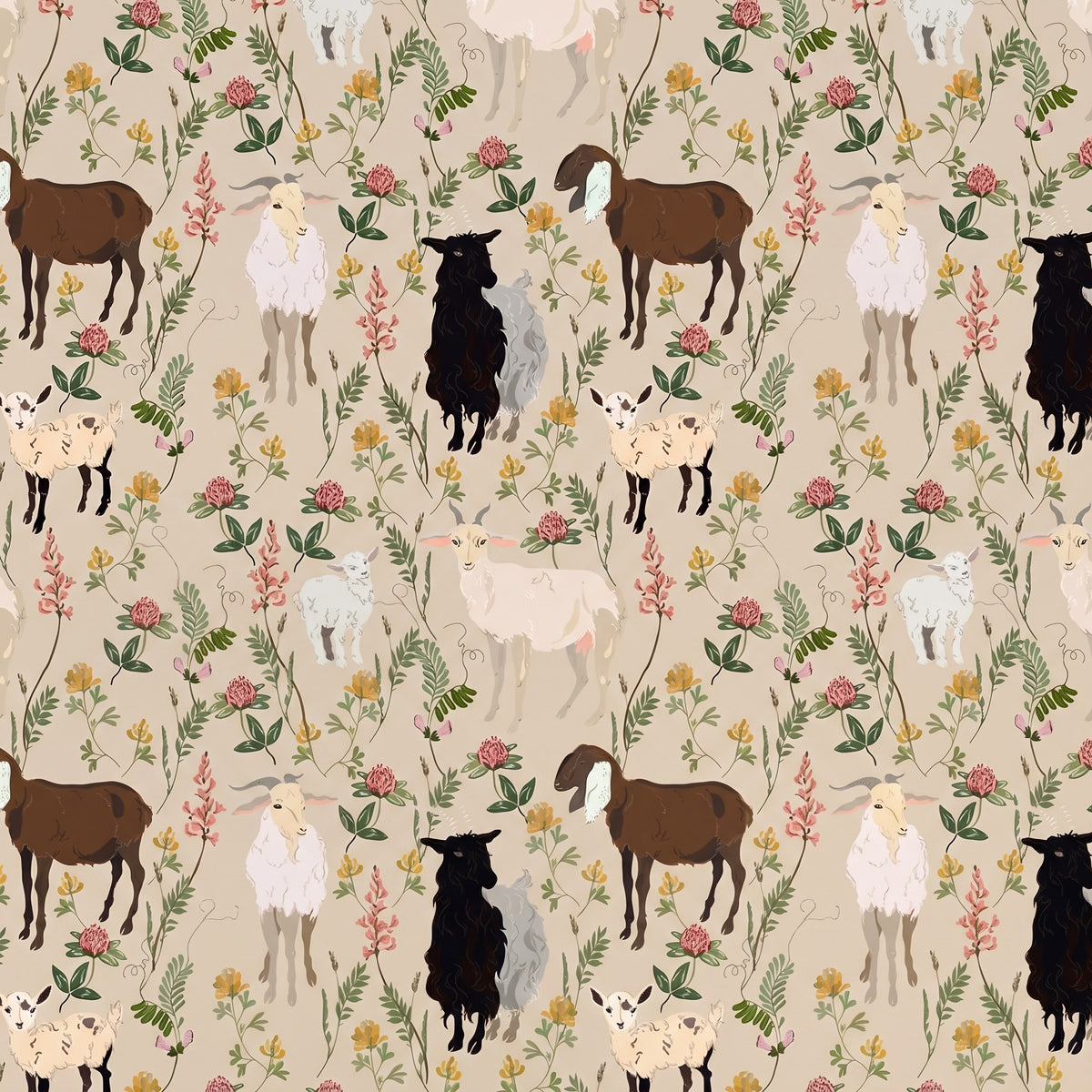 Chèvres et fleurs à l'aquarelle – motif à plat