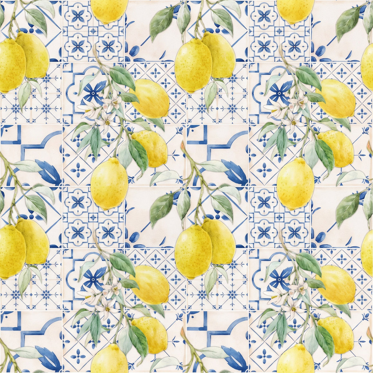 Citrons aquarelle, carreaux siciliens – motif à plat