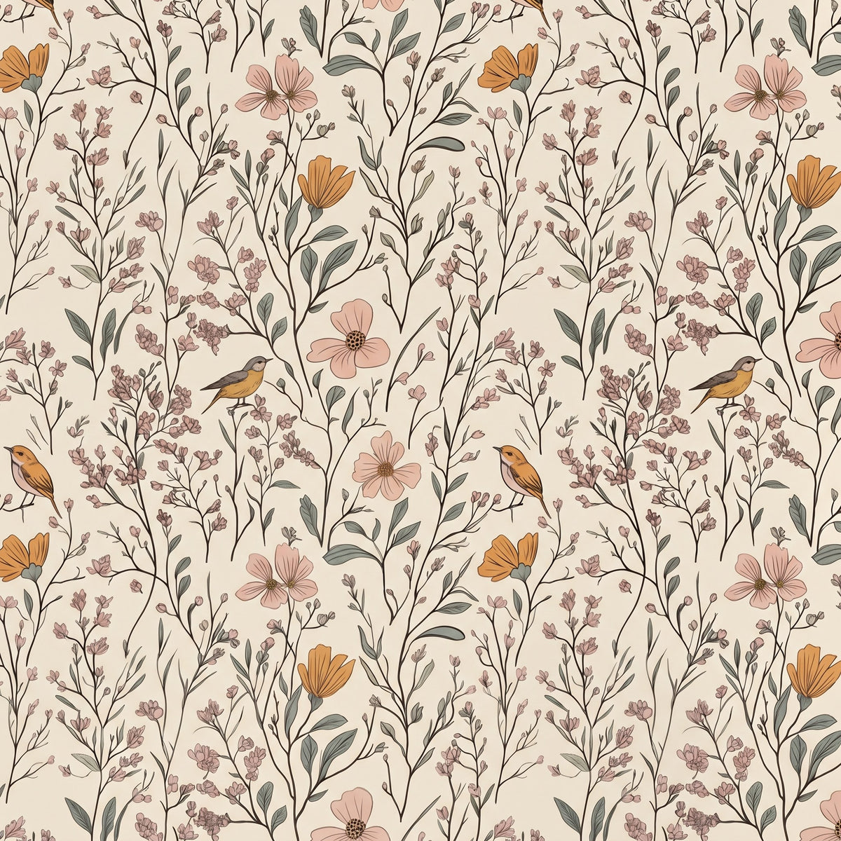 Fleurs sauvages et oiseaux – motif à plat