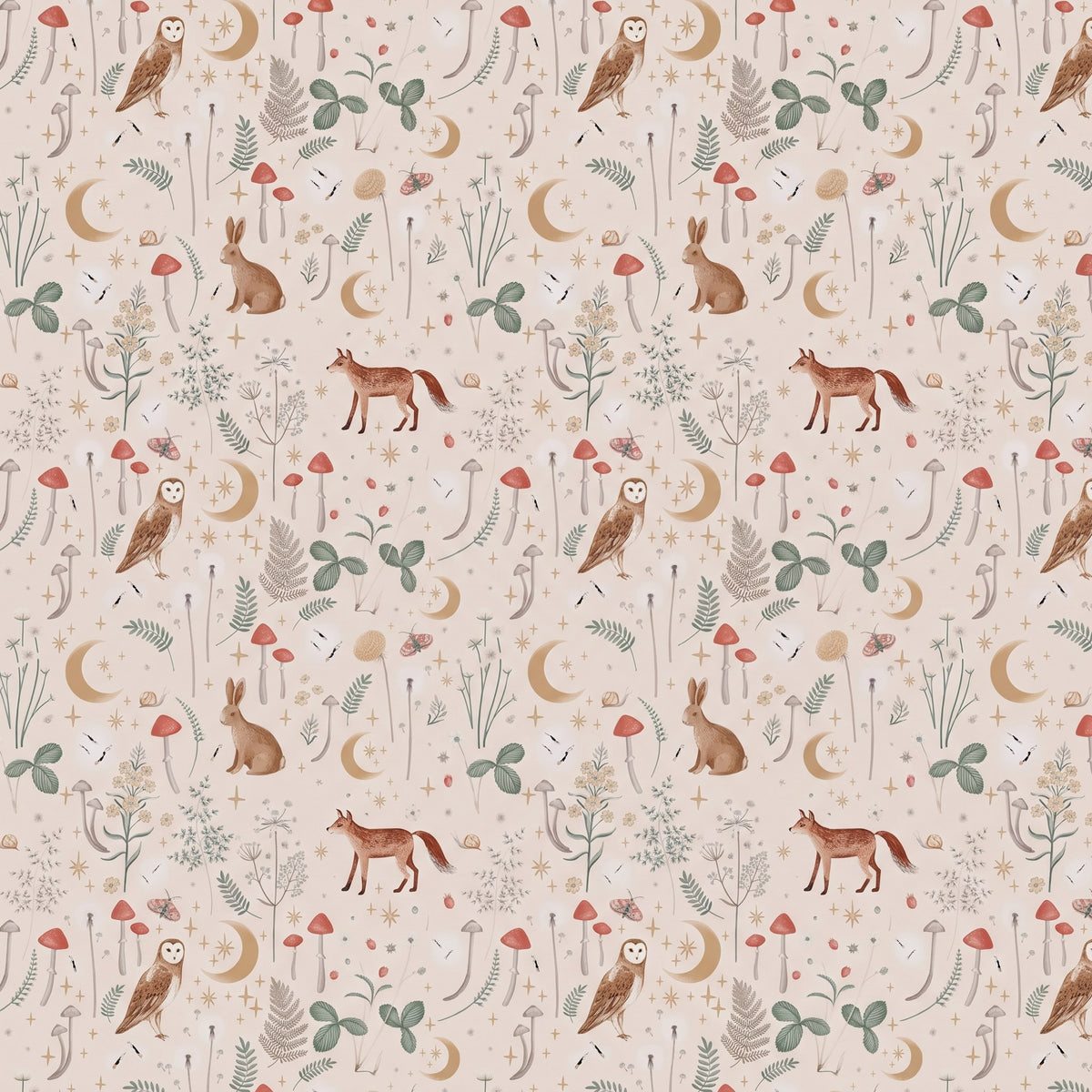Forêt enchantée au crépuscule – motif à plat