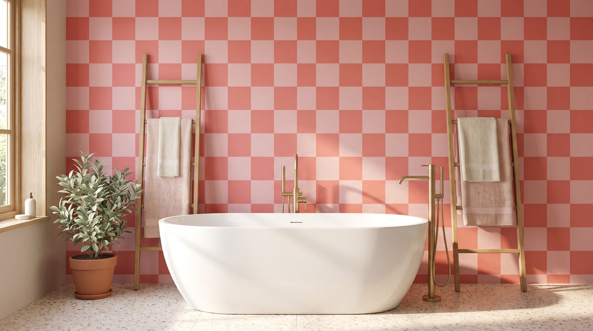 Grands carreaux rose et corail – ambiance large