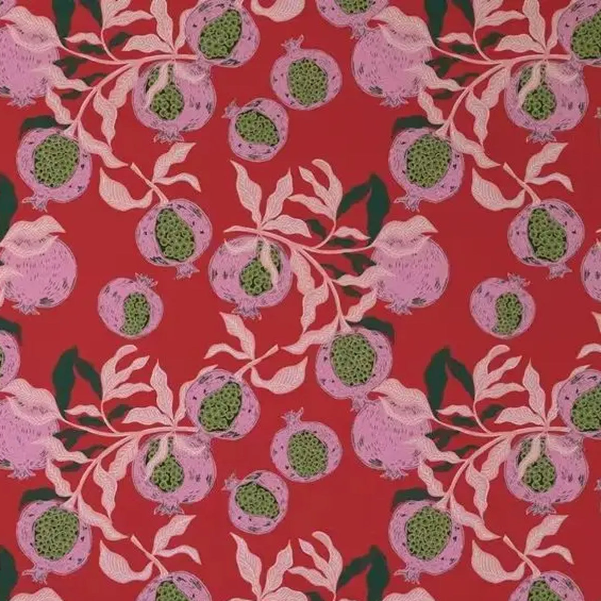 Grenades rouges et feuillage rose – motif à plat