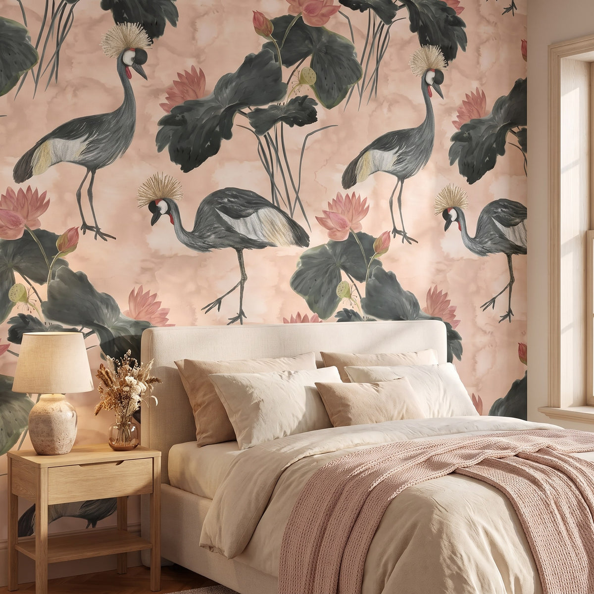 Hérons noirs sur fond rose – ambiance principale