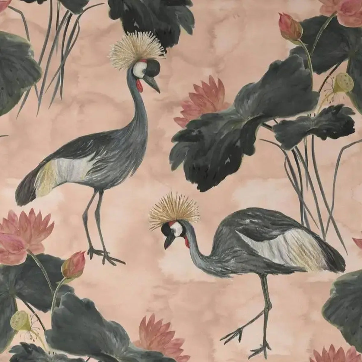 Hérons noirs sur fond rose – motif à plat
