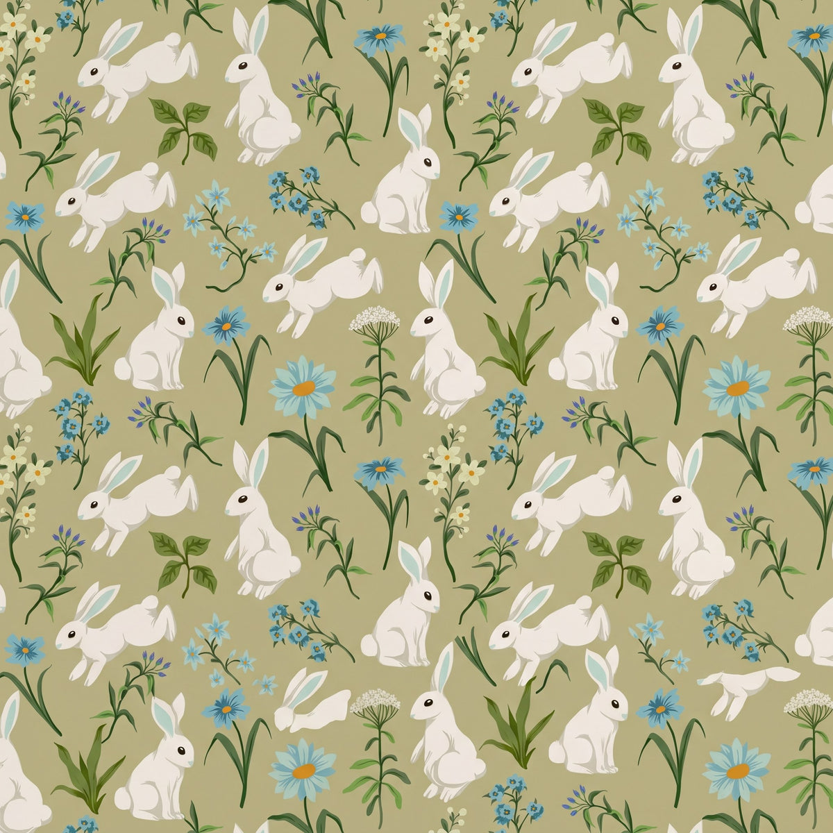 Lapins et fleurs printanières – motif à plat