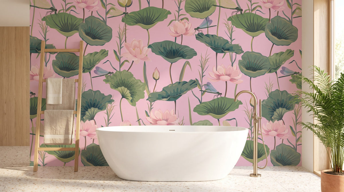 Libellules et feuillage fond rose – ambiance large