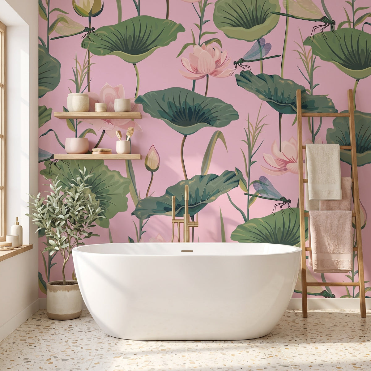 Libellules et feuillage fond rose – ambiance principale