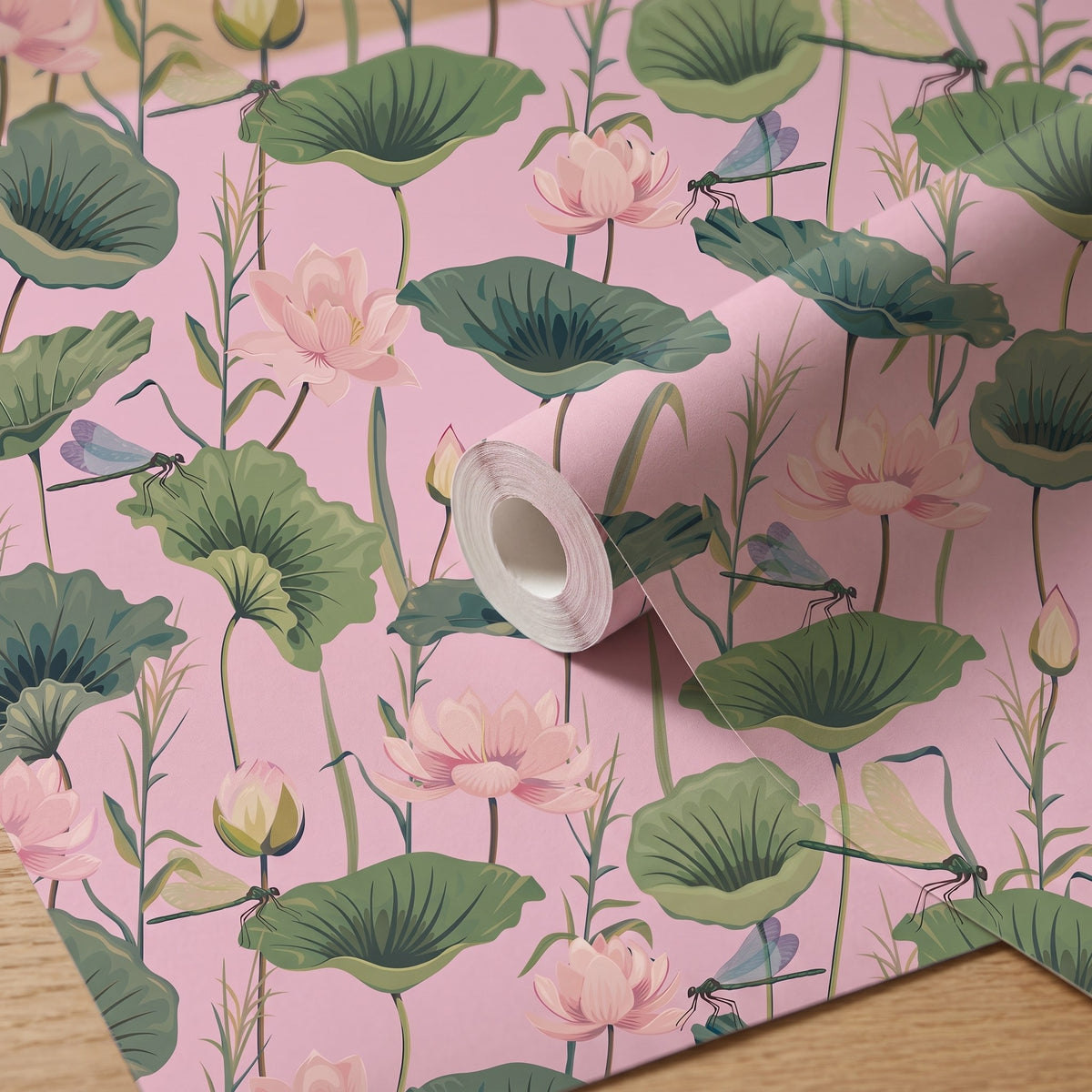 Libellules et feuillage fond rose – rouleau