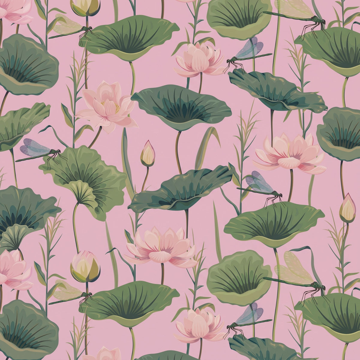 Libellules et feuillage fond rose – motif à plat