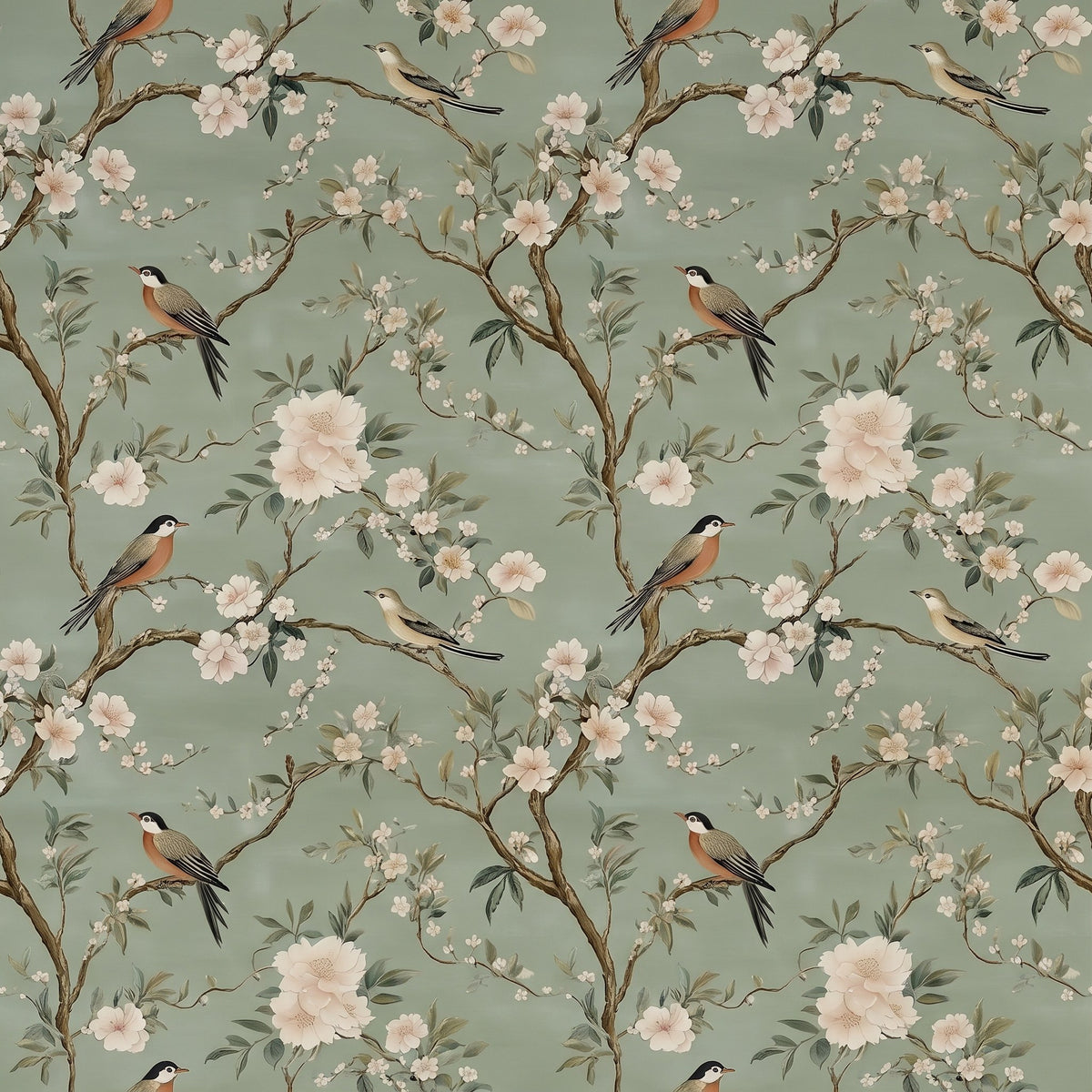 Oiseaux et fleurs, botanique vert – motif à plat