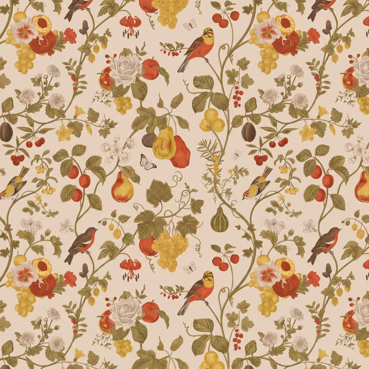 Oiseaux et fruits à l'aquarelle – motif à plat