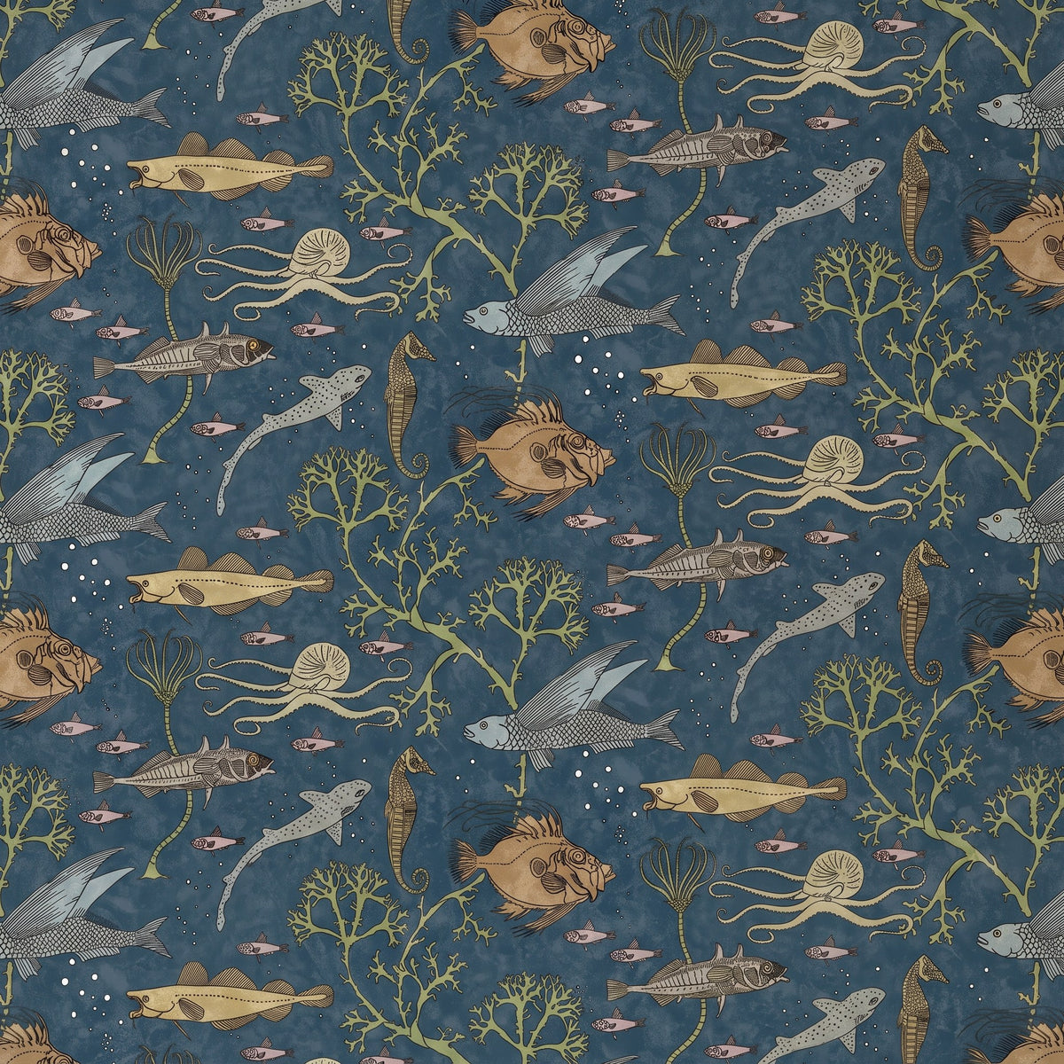 Poissons et mer bleue – motif à plat