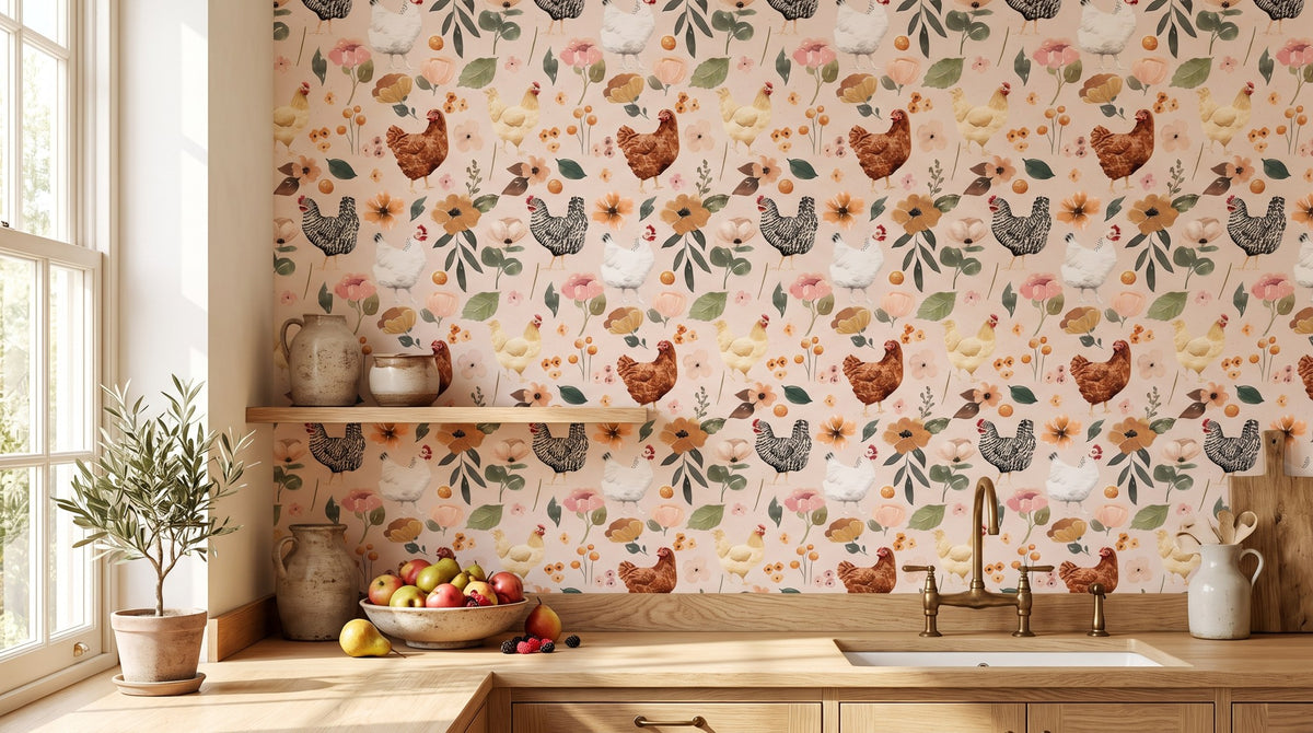 Poules et fleurs – ambiance large