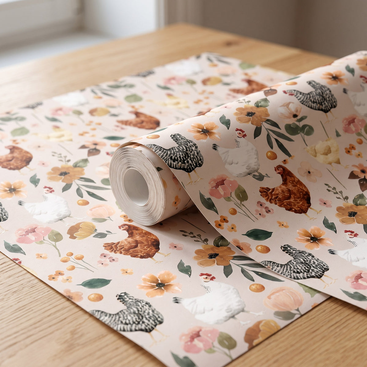 Poules et fleurs – rouleau