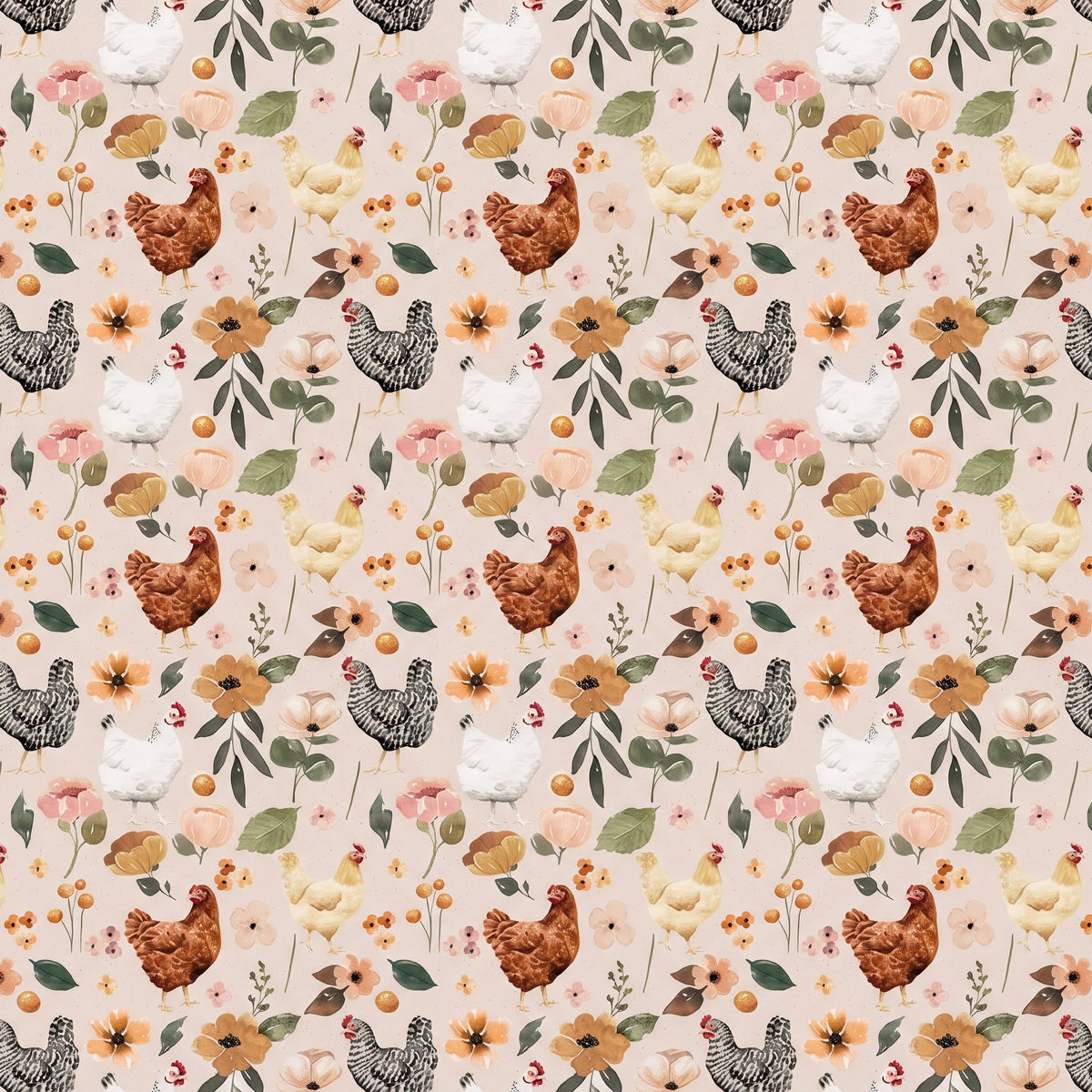Poules et fleurs – motif à plat