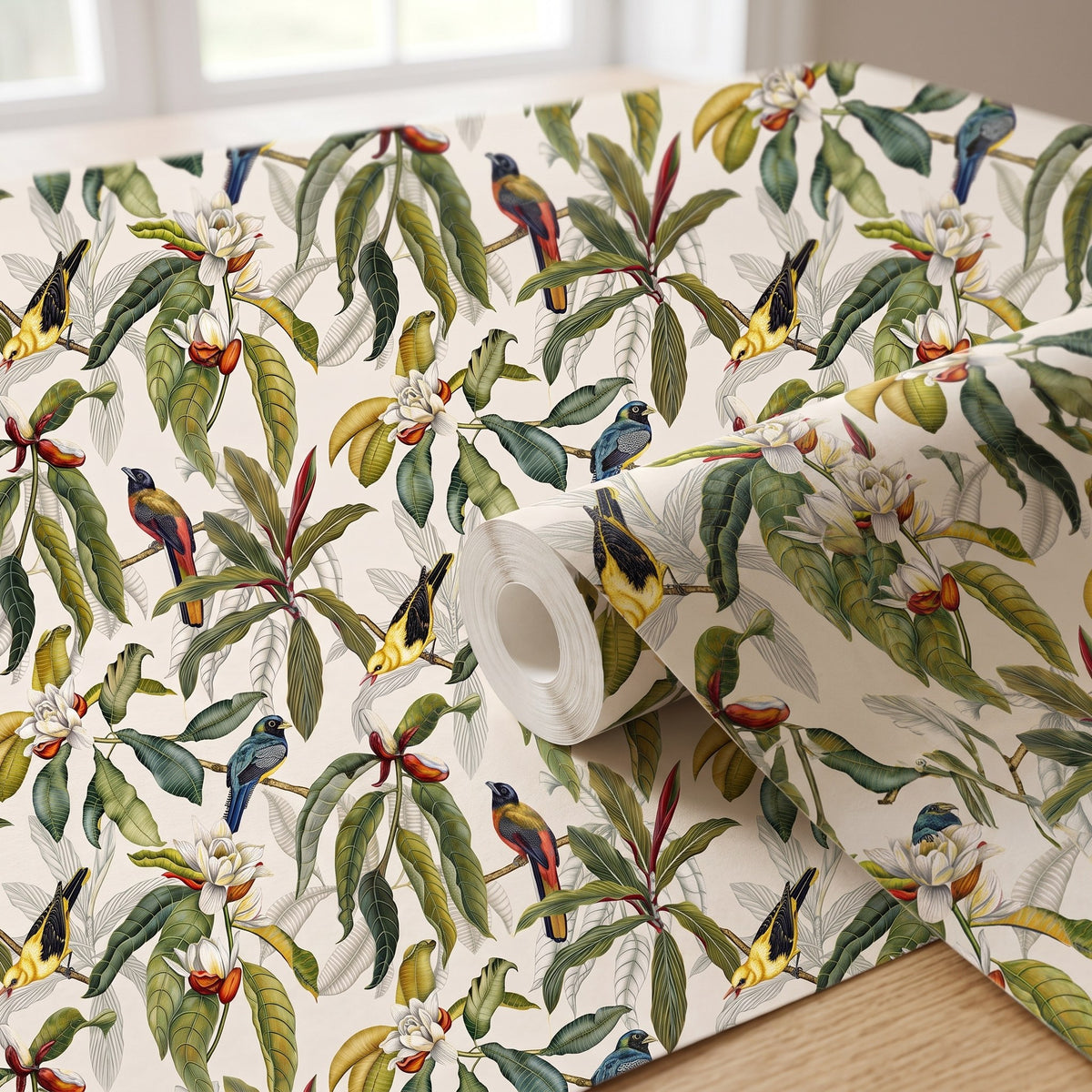 Tropical, fleurs et feuilles vertes – rouleau